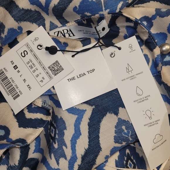 Zara Satin Silky Abstract Print Joggers And Tied Top Set In Cream & Blue Size S - Picture 10 of 16